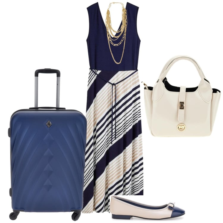 Outfit donna - Ballerina on the go. Stile Casual chic per Ufficio. Abbinamento con vestiti lunghi, collane, ballerine, borse a mano, valigie.