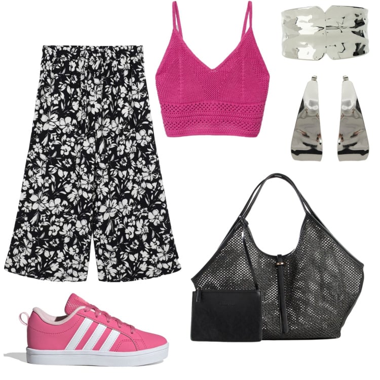 Outfit donna - Stile in libertà. Stile Glamour per Tutti i giorni. Abbinamento con shopping bag, pantaloni a palazzo, top, braccialetti, orecchini, sneakers.