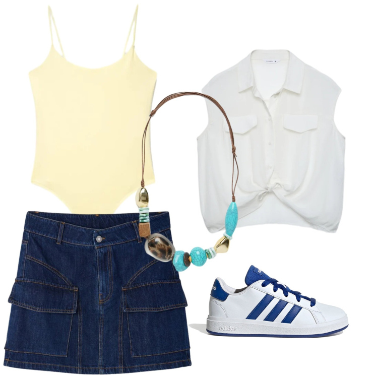 Outfit donna - Total look #2412721. Stile Minimal per Tutti i giorni. Abbinamento con camicie a manica corta, minigonne, canottiere, collane, sneakers.