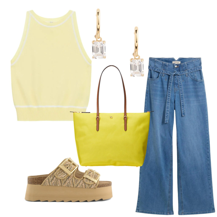 Outfit donna - Total look #2412723. Stile Basic per Tutti i giorni. Abbinamento con jeans, top, borse tote, orecchini, zeppe.