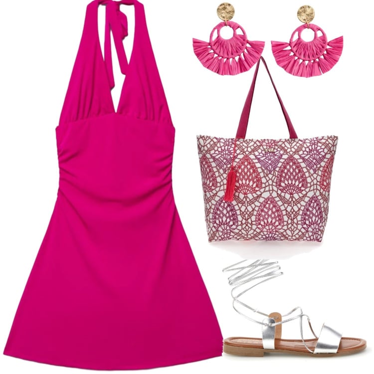 Outfit donna - Prendisole. Stile Minimal per Tutti i giorni. Abbinamento con orecchini, vestiti corti, shopping bag, sandali alla schiava.