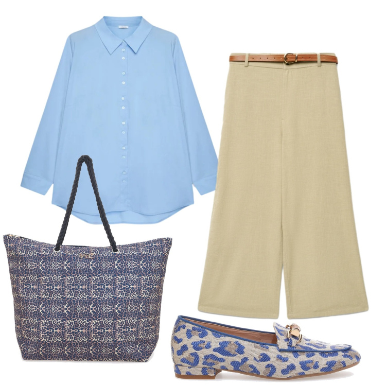 Outfit donna - Total look #2412732. Stile Mannish per Ufficio. Abbinamento con pantaloni a palazzo, camicie, mocassini, shopping bag.