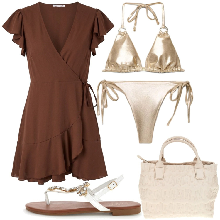 Outfit donna - Oro mare. Stile Basic per Mare. Abbinamento con vestiti corti, bikini, bikini, borse a mano, sandali gioiello.