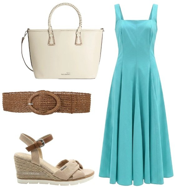Outfit donna - Seafoam blue. Stile Casual chic per Tutti i giorni. Abbinamento con sandali col tacco, cinture, vestiti midi/longuette, shopping bag.