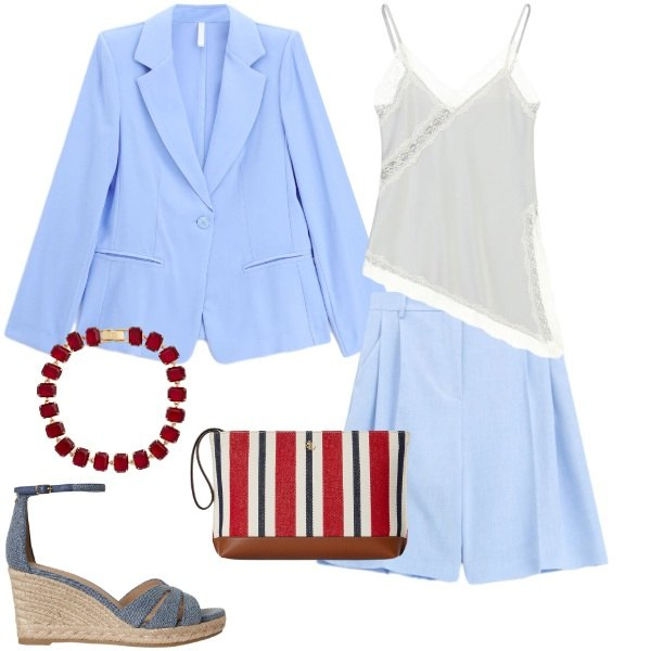 Outfit donna - Primavera assolata. Stile Chic per Tutti i giorni. Abbinamento con canottiere, bermuda, blazer, zeppe, braccialetti, pochette.