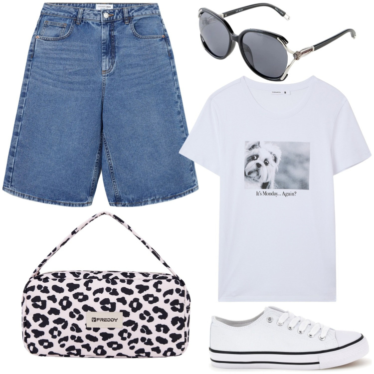 Outfit donna - Pet Friends. Stile Basic per Tutti i giorni. Abbinamento con occhiali da sole, bermuda, t-shirt, borse a spalla, sneakers.