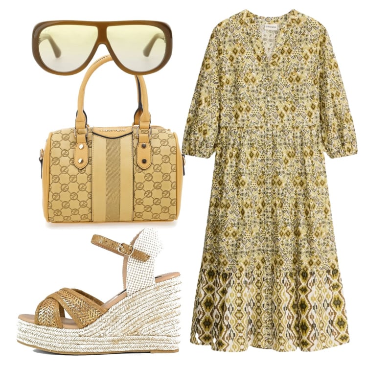 Outfit donna - Total look #2412755. Stile Etnico per Tutti i giorni. Abbinamento con vestiti midi/longuette, occhiali da sole, zeppe, borse a spalla.