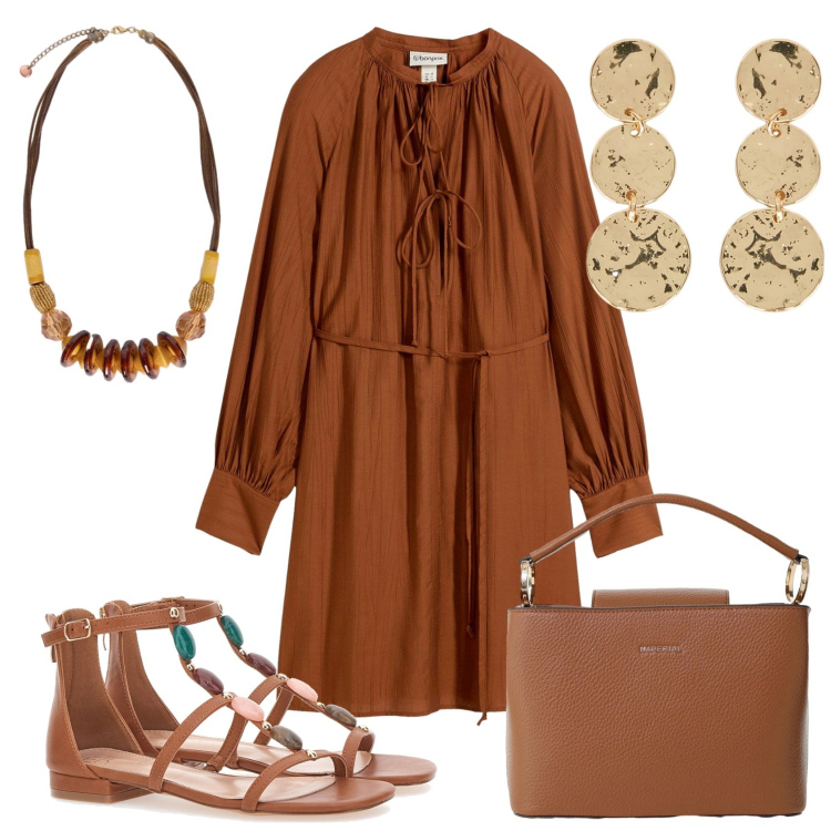 Outfit donna - Total look #2412758. Stile Minimal per Ufficio. Abbinamento con vestiti, borse a secchiello, collane, orecchini, sandali gioiello.