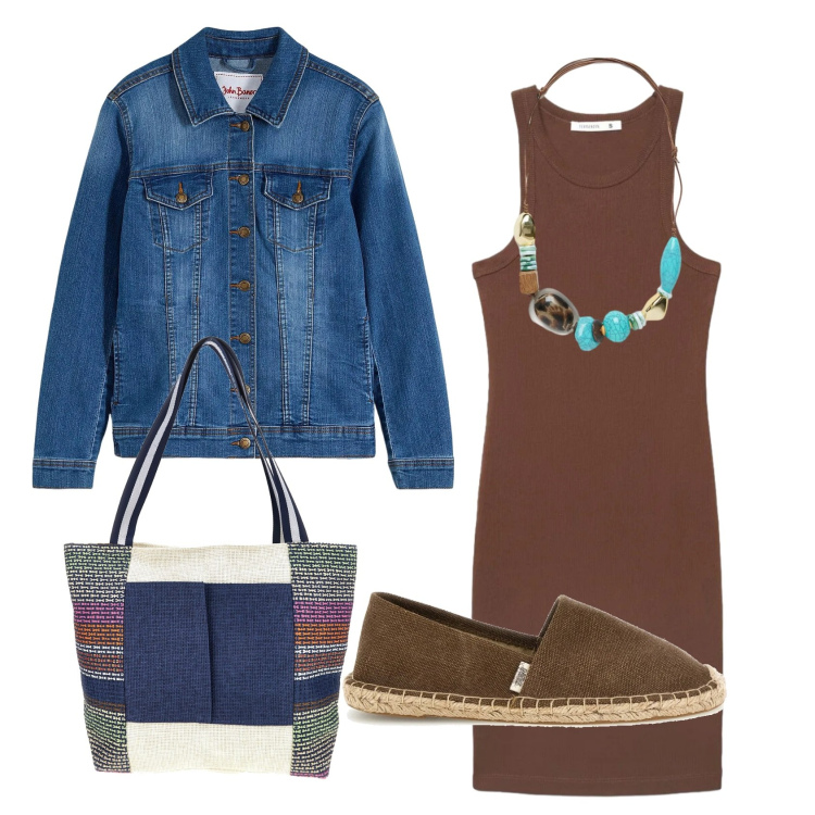 Outfit donna - Total look #2412760. Stile Etnico per Tutti i giorni. Abbinamento con blazer, vestiti midi/longuette, collane, espadrillas, shopping bag.