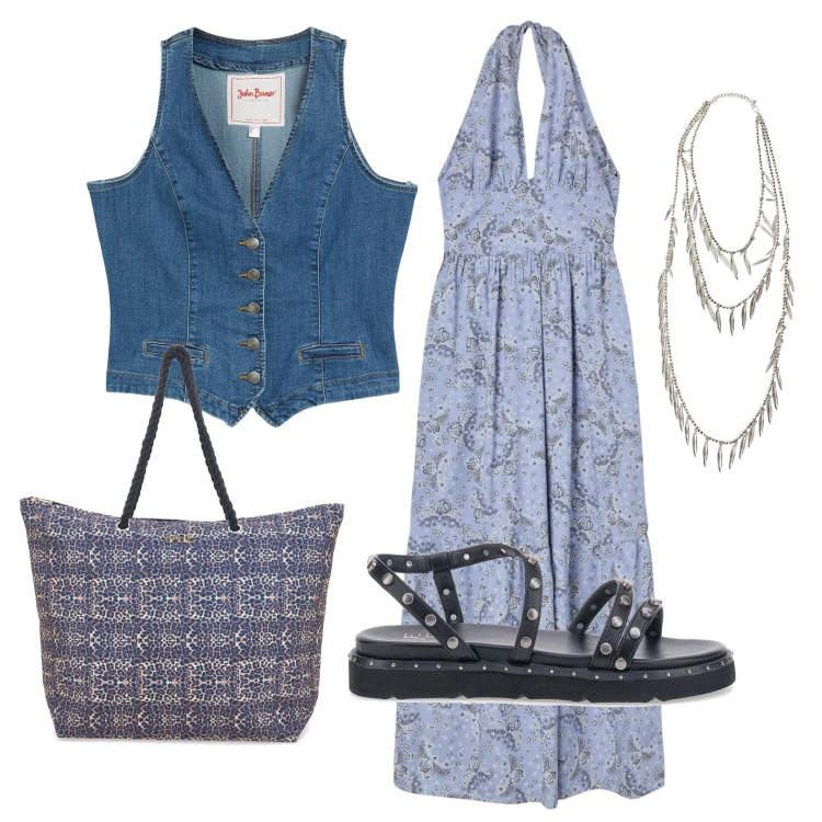 Outfit donna - Total look #2412762. Stile Boho per Tutti i giorni. Abbinamento con gilet, vestiti lunghi, collane, sandali, shopping bag.