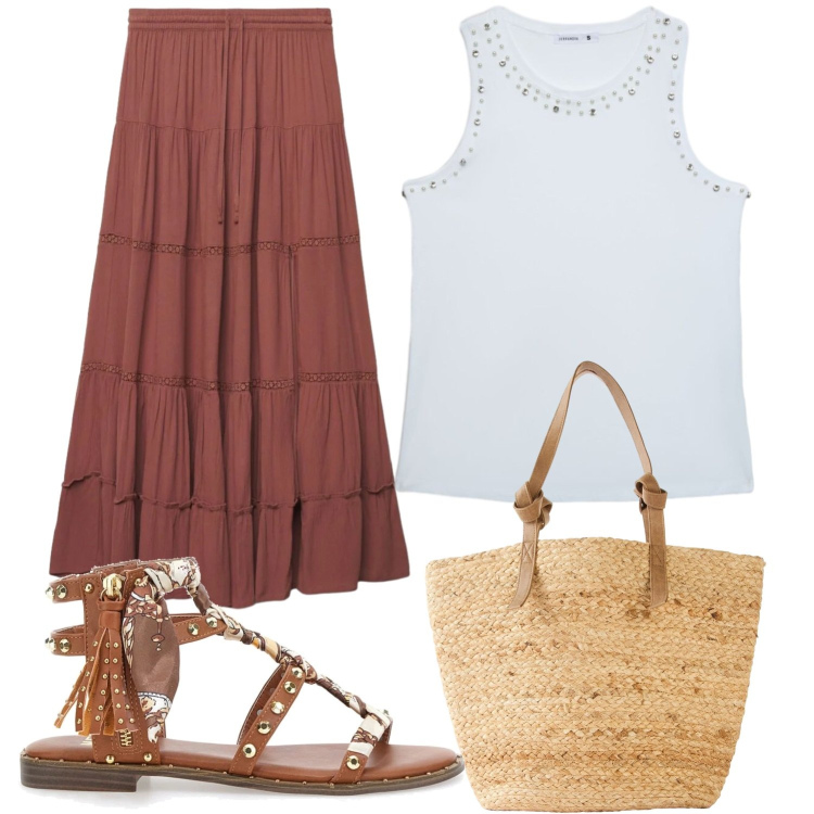 Outfit donna - Gitana. Stile Etnico per Tutti i giorni. Abbinamento con shopping bag, gonne lunghe, canottiere, sandali.