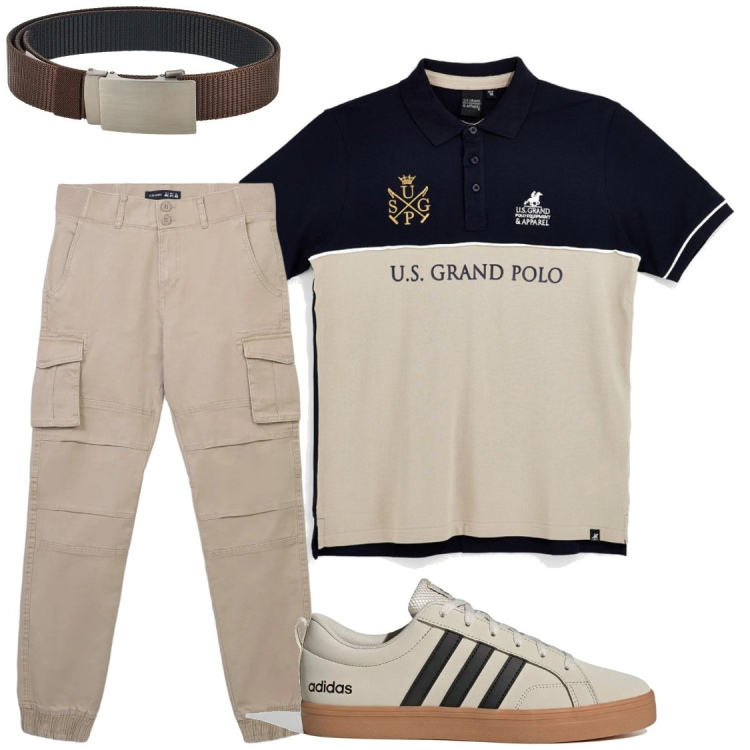 Outfit uomo - U.S. GRAND POLO#nonLeSolite. Stile Trendy per Tutti i giorni. Abbinamento con pantaloni cargo, sneakers, cinture, polo.
