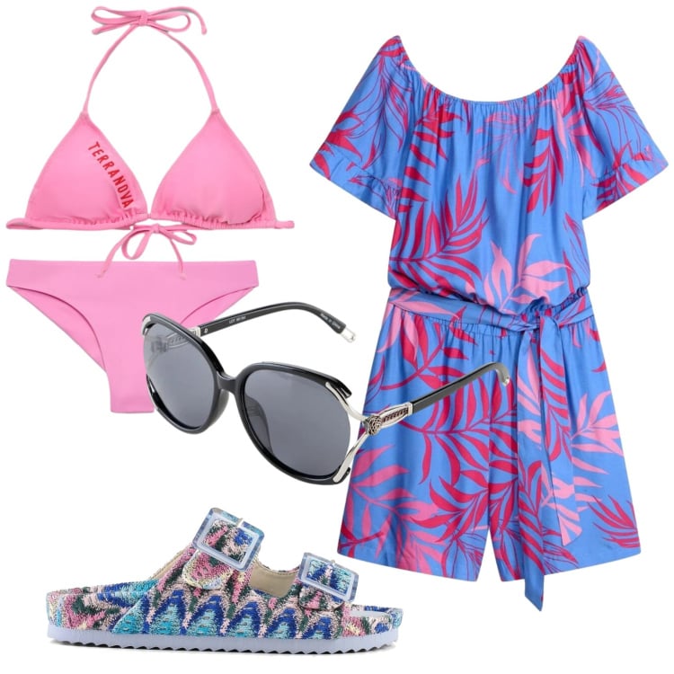 Outfit donna - Total look #2412766. Stile Basic per Mare. Abbinamento con tuta corta, occhiali da sole, bikini, bikini, sandali.