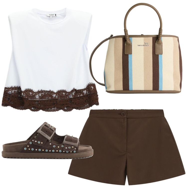 Outfit donna - Estate in città. Stile Casual per Tutti i giorni. Abbinamento con shorts, shopping bag, top, sandali in pelle.