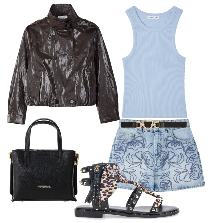 Outfit donna - Total look #2412770. Stile Trendy per Tutti i giorni. Abbinamento con minigonne, cinture, giacche, canottiere, borse a tracolla, sandali.