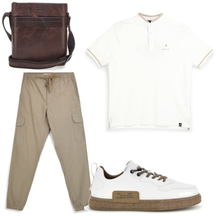 Outfit uomo - Serate free. Stile Casual per Serata speciale. Abbinamento con borse sportive, pantaloni cargo, sneakers, polo.
