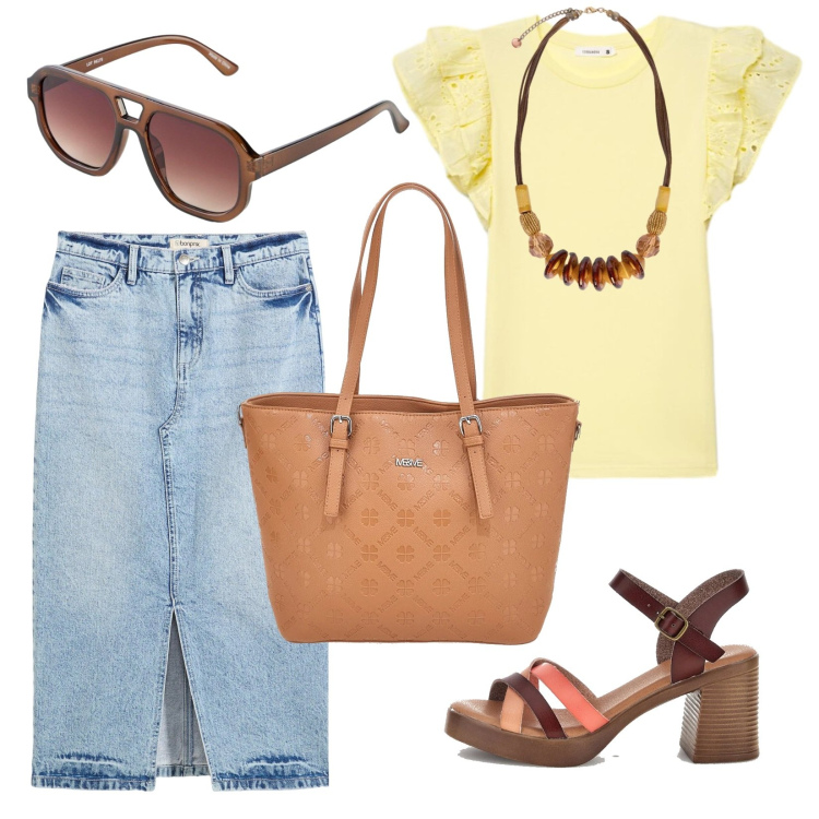 Outfit donna - Qualcosa di giallo. Stile Etnico per Tutti i giorni. Abbinamento con gonne longuette, occhiali da sole, t-shirt, collane, sandali col tacco, borse a tracolla.