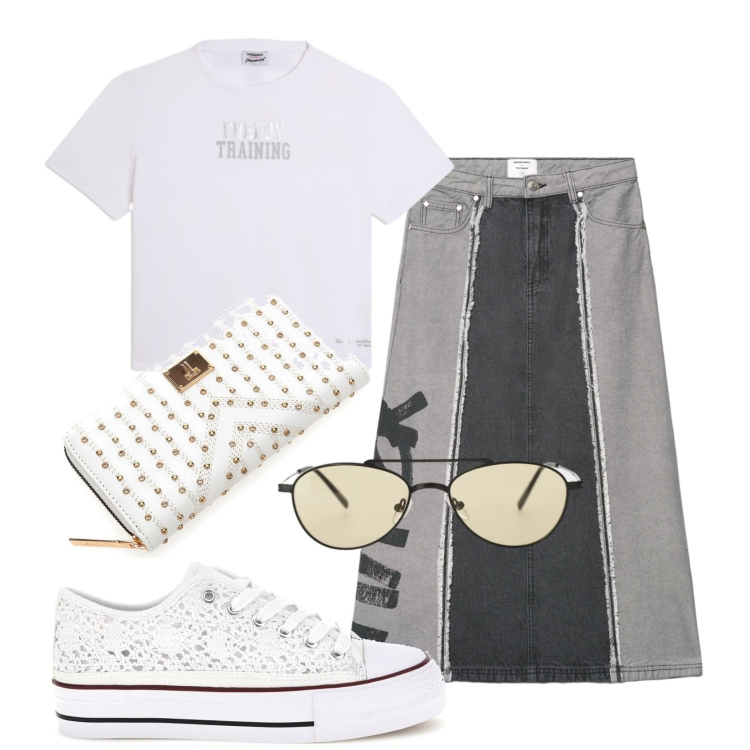 Outfit donna - Total look #2412775. Stile Basic per Tutti i giorni. Abbinamento con gonne lunghe, occhiali da sole, t-shirt, portafogli, sneakers.