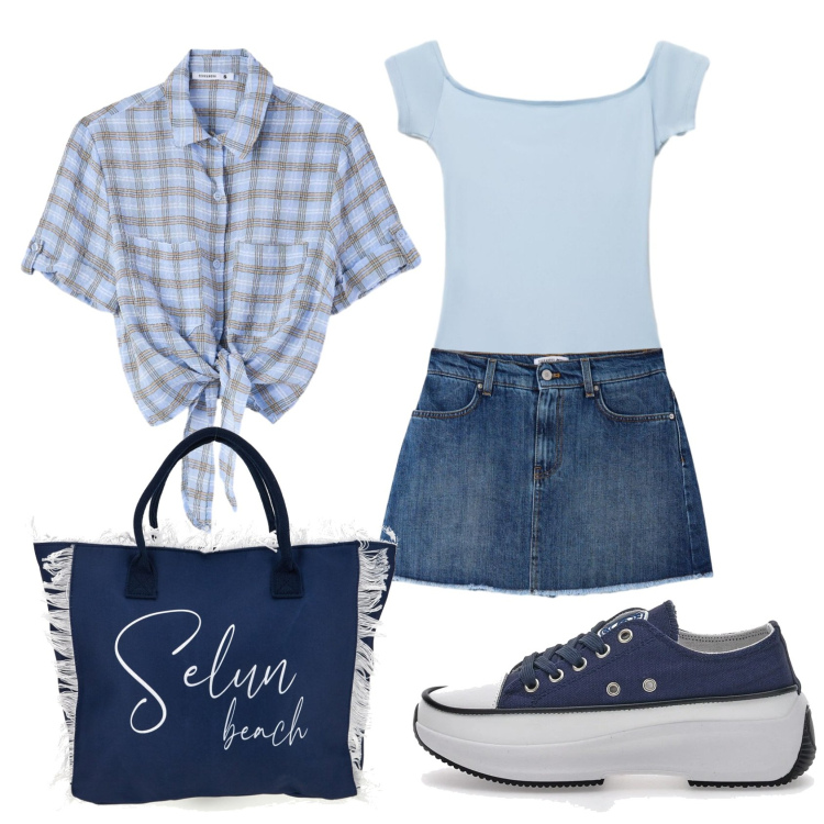 Outfit donna - Total look #2412779. Stile Casual per Tutti i giorni. Abbinamento con camicie a manica corta, minigonne, canottiere, sneakers alte, shopping bag.