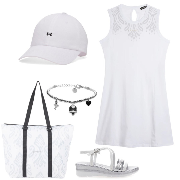 Outfit donna - Total look #2412780. Stile Casual per Tutti i giorni. Abbinamento con vestiti midi/longuette, shopping bag, braccialetti, sandali, cappelli con visiera.