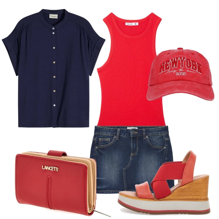 Outfit donna - Total look #2412781. Stile Casual per Tutti i giorni. Abbinamento con camicie, cappelli, minigonne, canottiere, sandali col tacco, portafogli.
