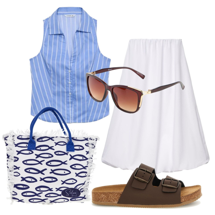 Outfit donna - Total look #2412782. Stile Casual per Ufficio. Abbinamento con occhiali da sole, camicie a manica corta, gonne lunghe, shopping bag, ciabatte.
