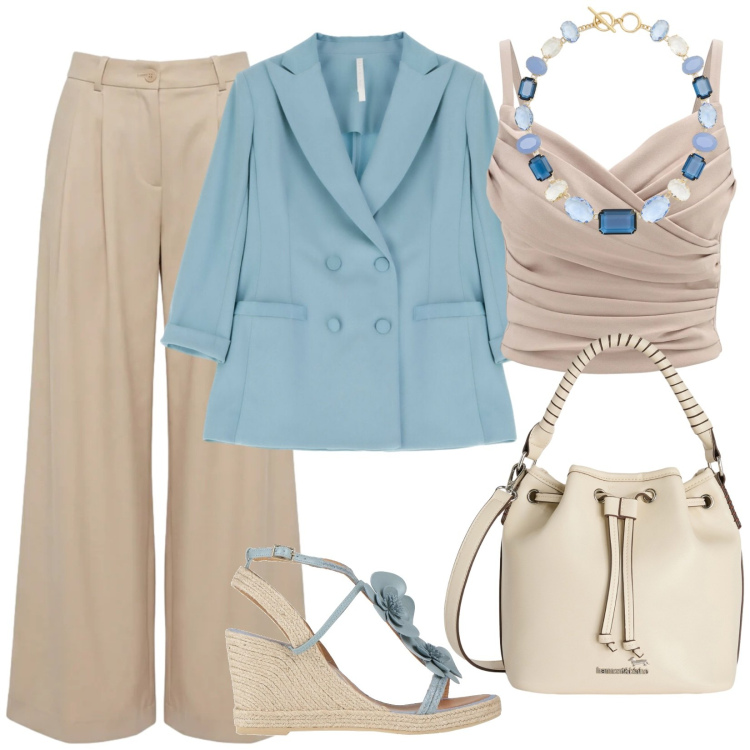 Outfit donna - Eleganza informale. Stile Chic per Cerimonia. Abbinamento con espadrillas, canottiere, blazer, pantaloni, borse a secchiello, collane.