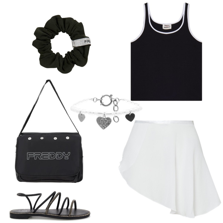 Outfit donna - Total look #2412788. Stile Sporty chic per Tutti i giorni. Abbinamento con minigonne, borse messenger, braccialetti, accessori per capelli, canottiere, sandali.