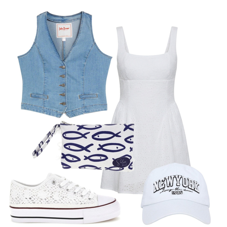 Outfit donna - Total look #2412794. Stile Urban per Tutti i giorni. Abbinamento con gilet, vestiti corti, cappelli, sneakers, pochette.