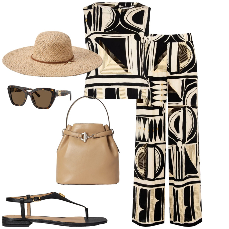 Outfit donna - Giugno. Stile Casual chic per Tutti i giorni. Abbinamento con pantaloni a palazzo, top, occhiali da sole, sandali in pelle, cappelli, borse a secchiello.