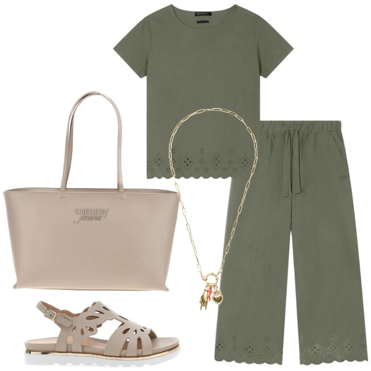 Outfit donna - Total look #2412796. Stile Casual chic per Tutti i giorni. Abbinamento con pantaloni, t-shirt, ciondoli, sandali, borse a spalla.