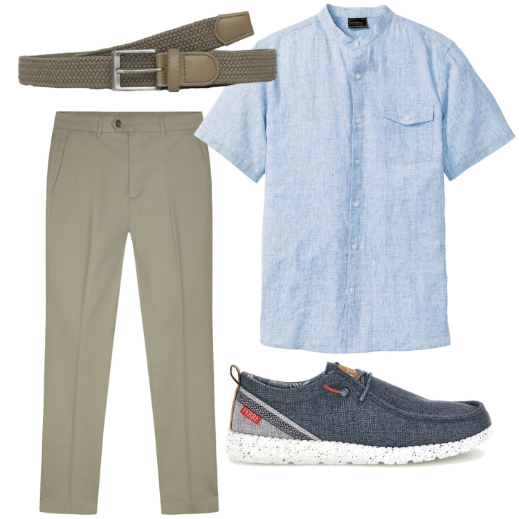 Outfit uomo - Fresco. Stile Trendy per Tutti i giorni. Abbinamento con camicie a manica corta, cinture, pantaloni, scarpe stringate.