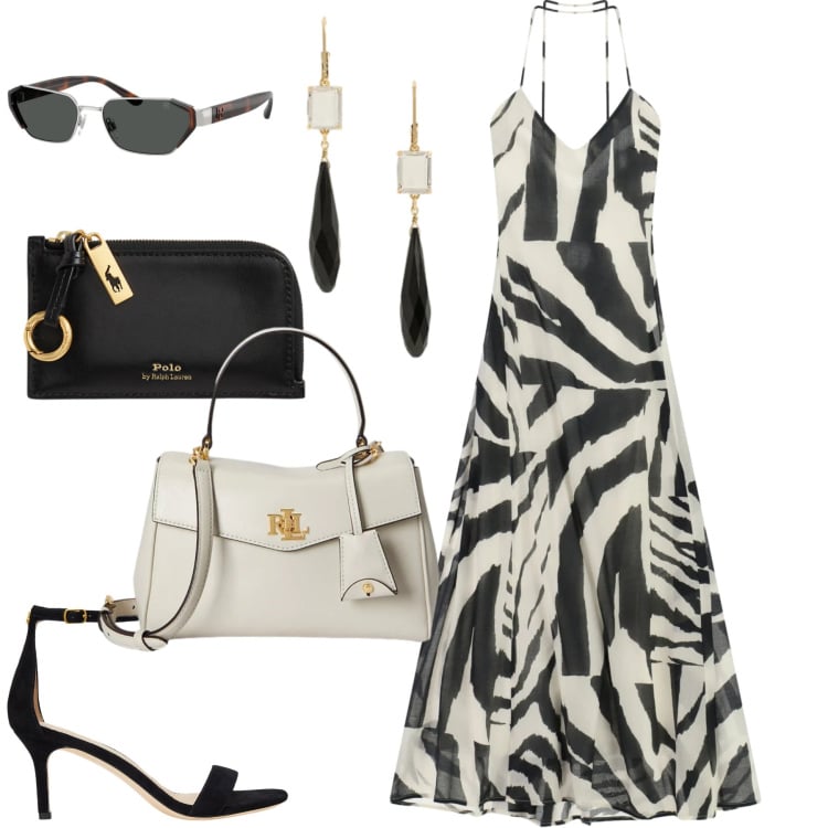 Outfit donna - Giugno. Stile Urban per Tutti i giorni. Abbinamento con vestiti lunghi, borse a mano, portafogli, sandali in pelle, orecchini, occhiali da sole.