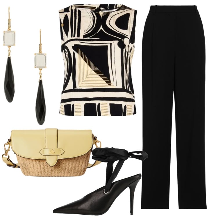 Outfit donna - Total look #2412804. Stile Chic per Serata fuori. Abbinamento con décolleté, pantaloni, top, borse a tracolla, orecchini.