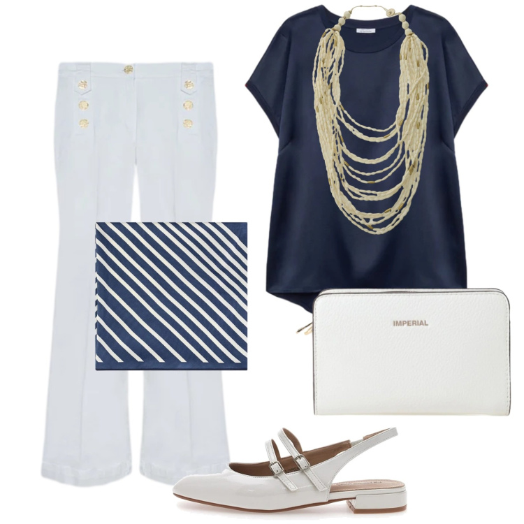 Outfit donna - Ufficio style. Stile Bon Ton per Ufficio. Abbinamento con collane, foulard, borse a tracolla, bluse, jeans, ballerine.