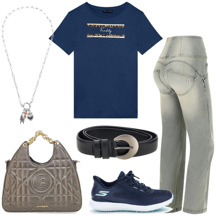 Outfit donna - Total look #2412807. Stile Sporty chic per Tutti i giorni. Abbinamento con jeans, ciondoli, t-shirt, sneakers, borse a mano, cinture.
