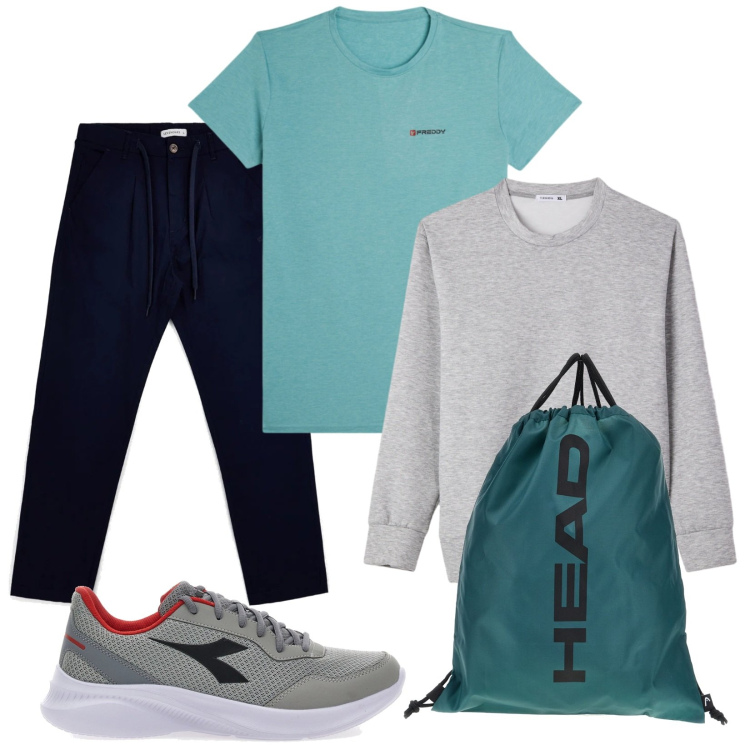 Outfit uomo - Total look #2412809. Stile Casual per Sport. Abbinamento con felpe, t-shirt, borse sportive, scarpe sportive, pantaloni.