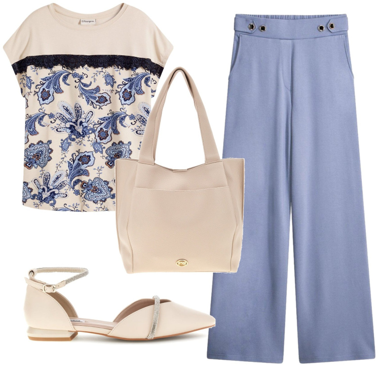Outfit donna - Total look #2412811. Stile Bon Ton per Ufficio. Abbinamento con t-shirt, pantaloni, borse a spalla, sandali.