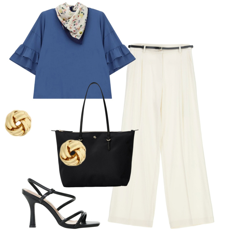 Outfit donna - Imperial. Stile Urban per Tutti i giorni. Abbinamento con pantaloni a palazzo, sandali col tacco, top, orecchini, borse tote.