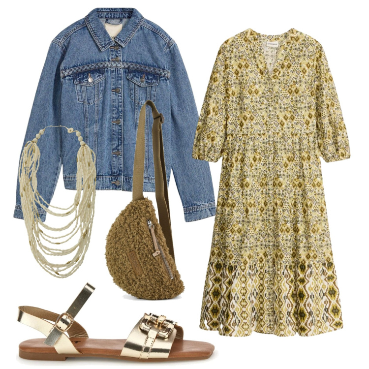 Outfit donna - Total look #2412816. Stile Boho per Tutti i giorni. Abbinamento con vestiti midi/longuette, cappotti, collane, marsupi, sandali.