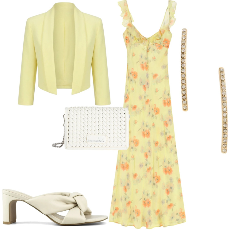 Outfit donna - Giugno. Stile Romantica per Tutti i giorni. Abbinamento con bolero, vestiti lunghi, borse a tracolla, orecchini, sandali col tacco.