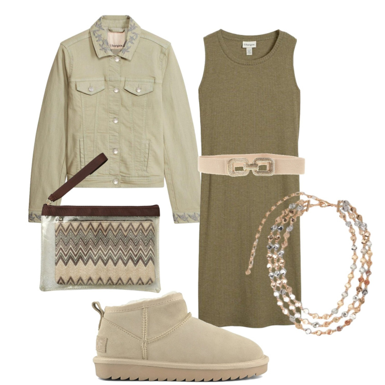 Outfit donna - Total look #2412818. Stile Casual per Tutti i giorni. Abbinamento con vestiti, cappotti, pochette, collane, cinture, stivali.