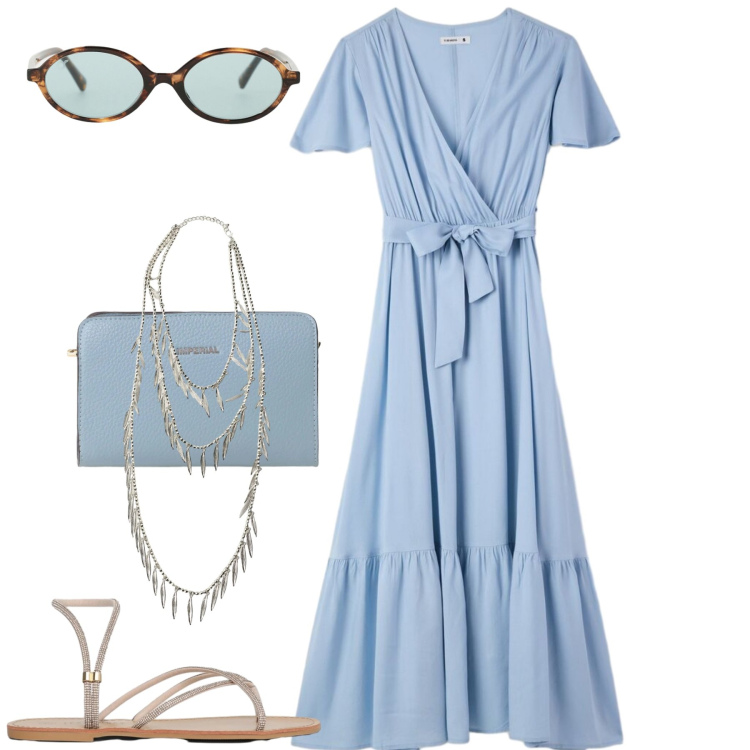 Outfit donna - Celeste. Stile Casual chic per Tutti i giorni. Abbinamento con vestiti lunghi, sandali, occhiali da sole, borse a tracolla, collane.