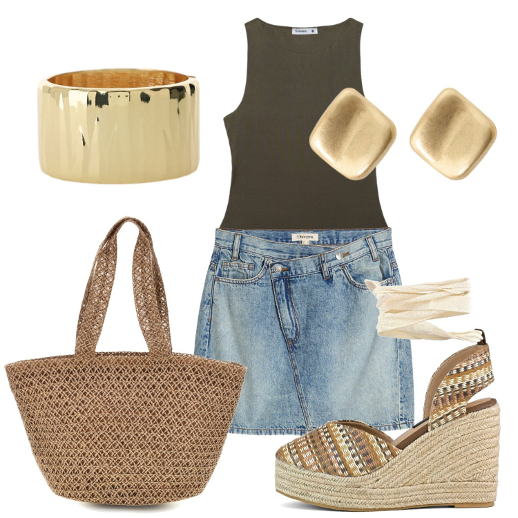Outfit donna - Total look #2412822. Stile Etnico per Tutti i giorni. Abbinamento con gonne, top, braccialetti, orecchini, zeppe, borse a spalla.