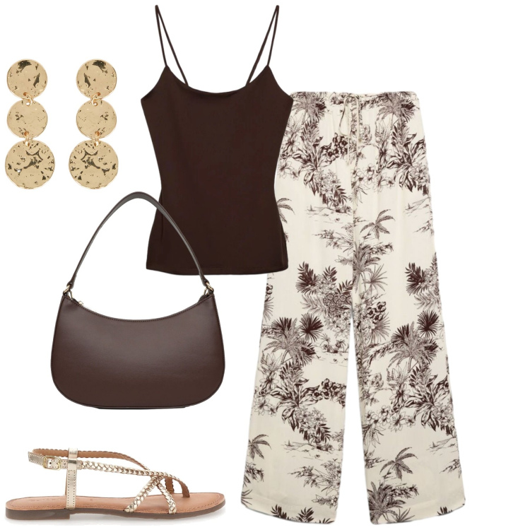 Outfit donna - Terranova. Stile Casual chic per Tutti i giorni. Abbinamento con pantaloni, canottiere, borse a tracolla, orecchini, sandali.