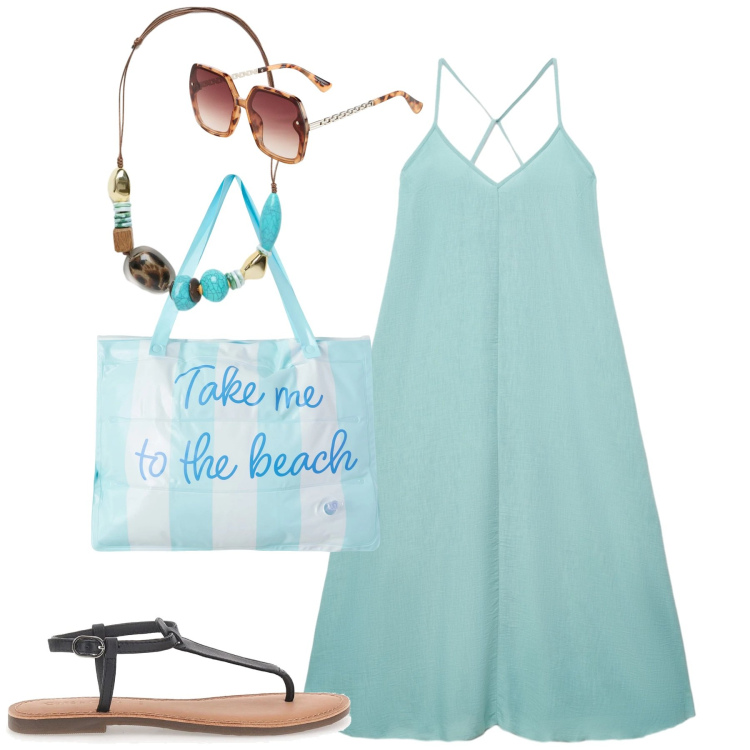 Outfit donna - Al mare. Stile Casual chic per Mare. Abbinamento con occhiali da sole, vestiti lunghi, borse tote, collane, infradito.