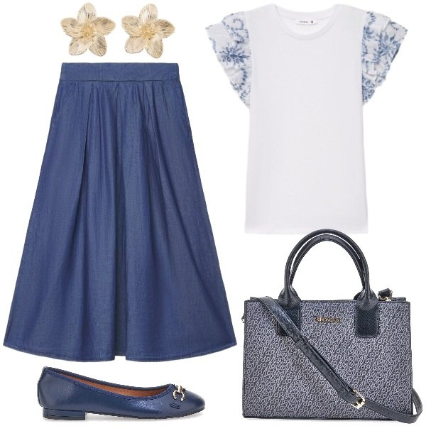 Outfit donna - Total look #2412828. Stile Basic per Tutti i giorni. Abbinamento con orecchini, gonne lunghe, t-shirt, borse a tracolla, ballerine.