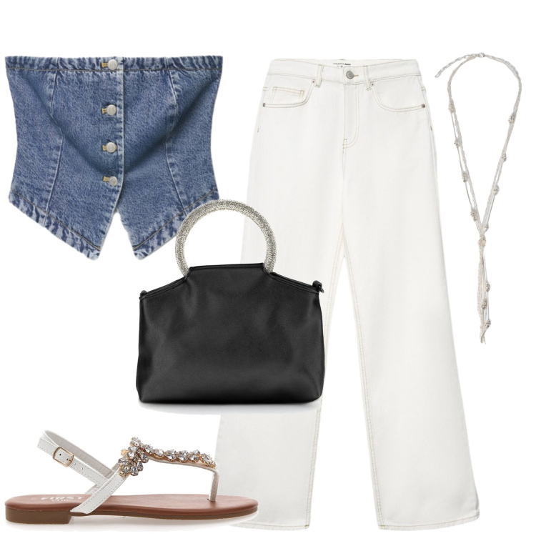 Outfit donna - City. Stile Casual per Tutti i giorni. Abbinamento con jeans, top, collane, sandali, borse a mano.