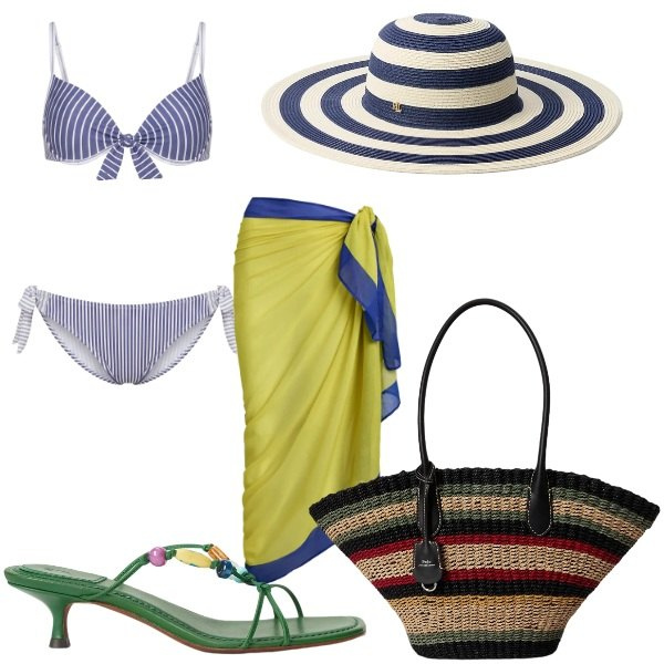Outfit donna - On the beach 1. Stile Trendy per Mare. Abbinamento con bikini, sandali gioiello, borse tote, vestiti da spiaggia, cappelli.