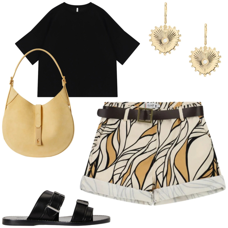 Outfit donna - Weekend. Stile Casual chic per Tutti i giorni. Abbinamento con t-shirt, shorts, borse a spalla, sandali in pelle, orecchini.